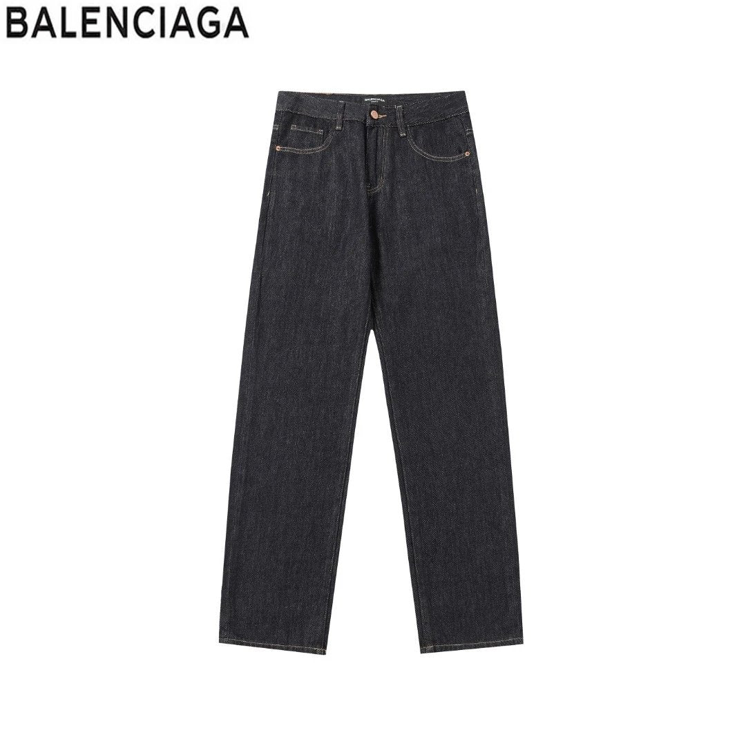 Balenciaga Jeans Back Waist Leather Tag logo Straight Washed Blue Jeans Autumn Winter New Unisex Loose Casual Wide Leg High Waist Pants