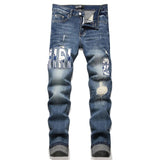 Amiri Jeans New Foreign Trade Style Fashion Blue with Holes Paste Cloth Embroidery Elastic Mid-Waist Feet Men's Jeans