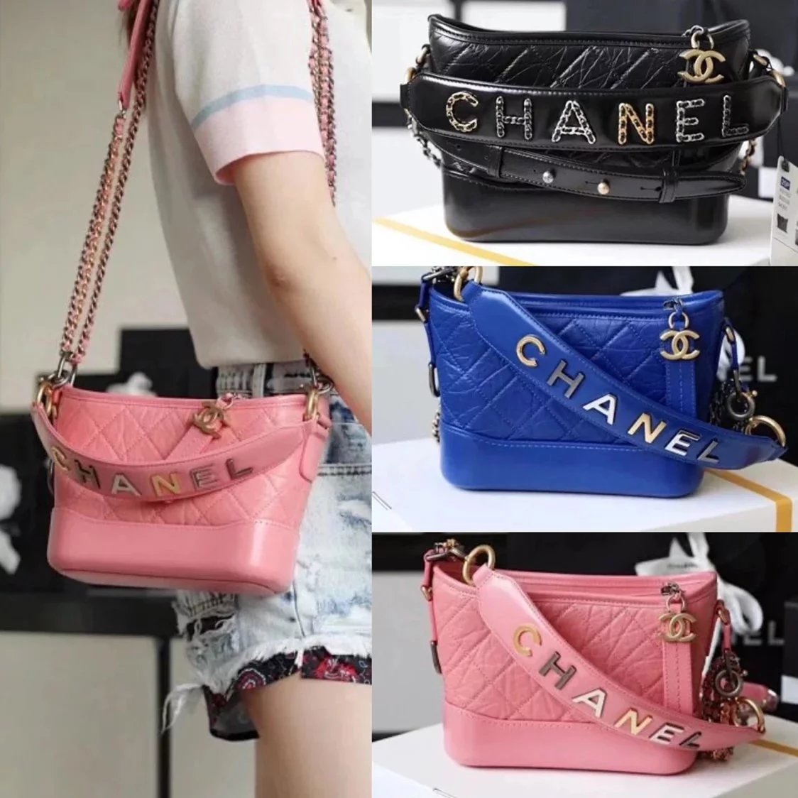 Chanel Women's Bag Top version 【Original Leather】Gabrielle Hobo Bag Letter Color Matching Large Shoulder Strap Diamond Plaid Original Leather Handbag Shoulder Bag Messenger Bag Hobo Bag Women's Bag