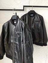 PRADA Jackets Leather Motorcycle Jacket Triangle Logo Leather Flight Jacket Light Luxury Y2K Style Unisex Jacket