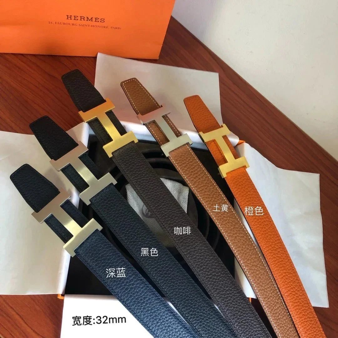 Hermes Belt Top version Men's Leather Belt Genuine Leather Casual Versatile Business Casual Belt Litchi Grain Cowhide Double-Sided Belt3.2cm