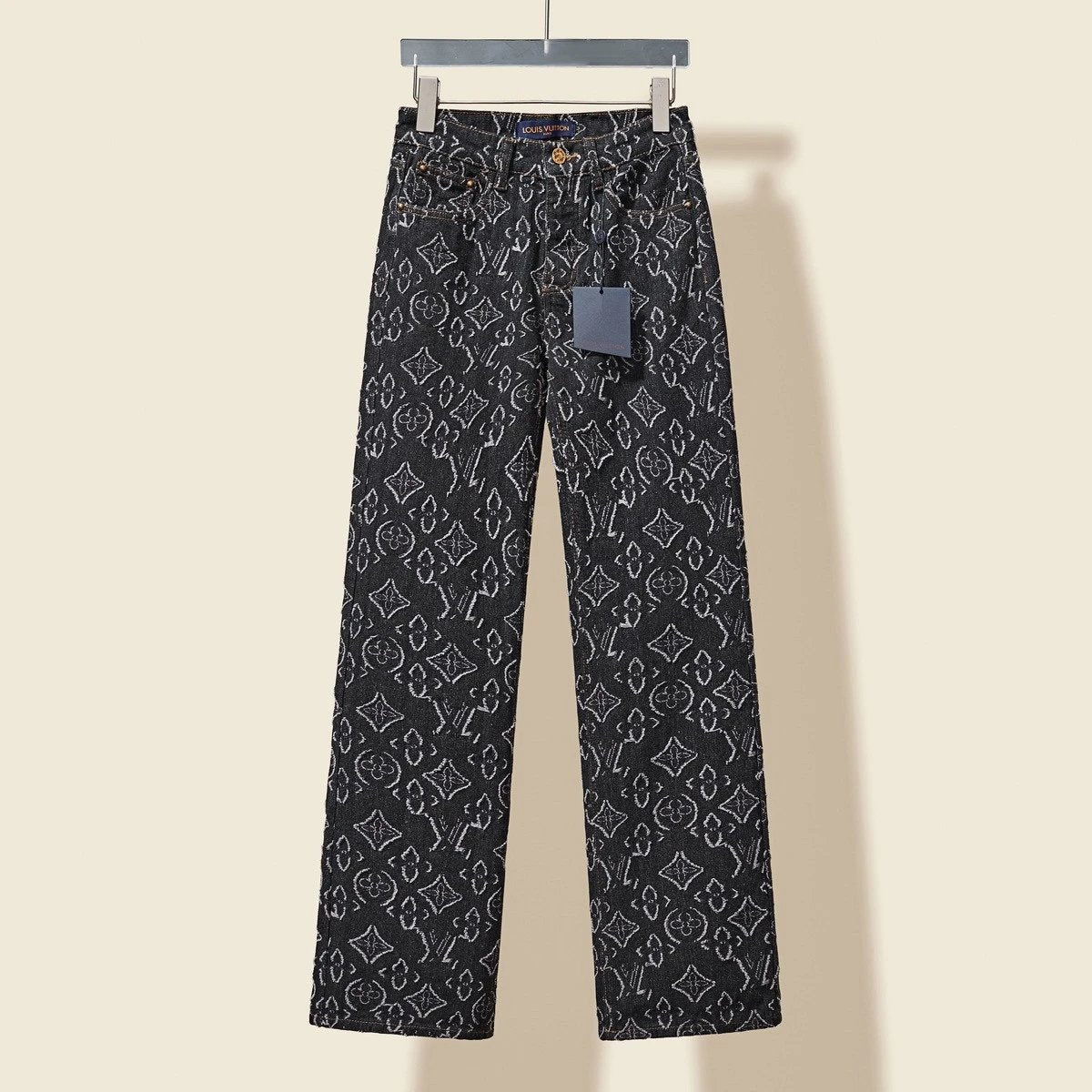 Louis Vuitton LV Jeans Taillight Series Mid-Ancient Flower Jacquard Jeans Women's Straight Long Pants Versatile Casual