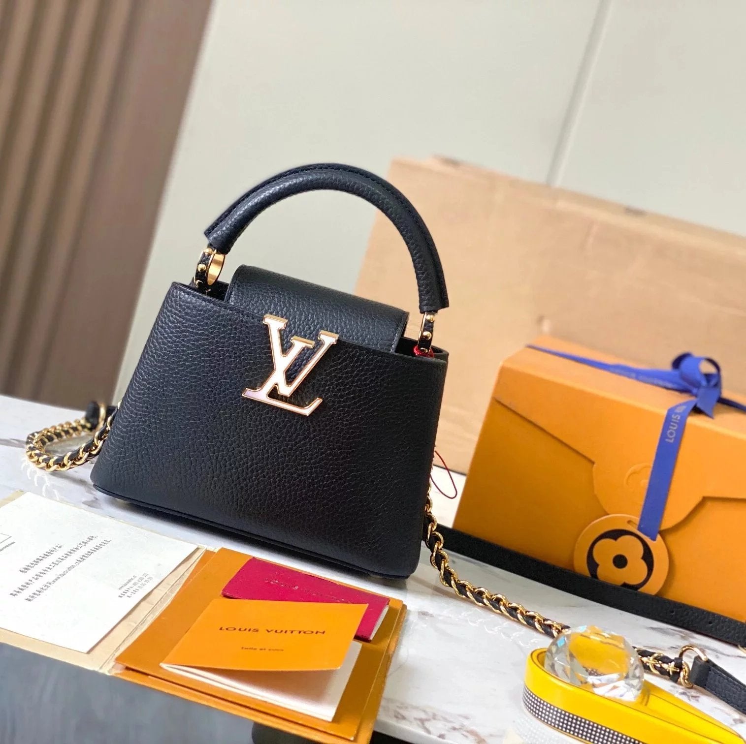 Louis Vuitton LV Women's Bag Top version 【Real Original Version Hardware】M23330M23331M23332Mini Black Corolla CapucinesFlowerCrown Handbag Is Full Grain Taurillon Leather Embellishment Monog Leather Bag mini Handbag