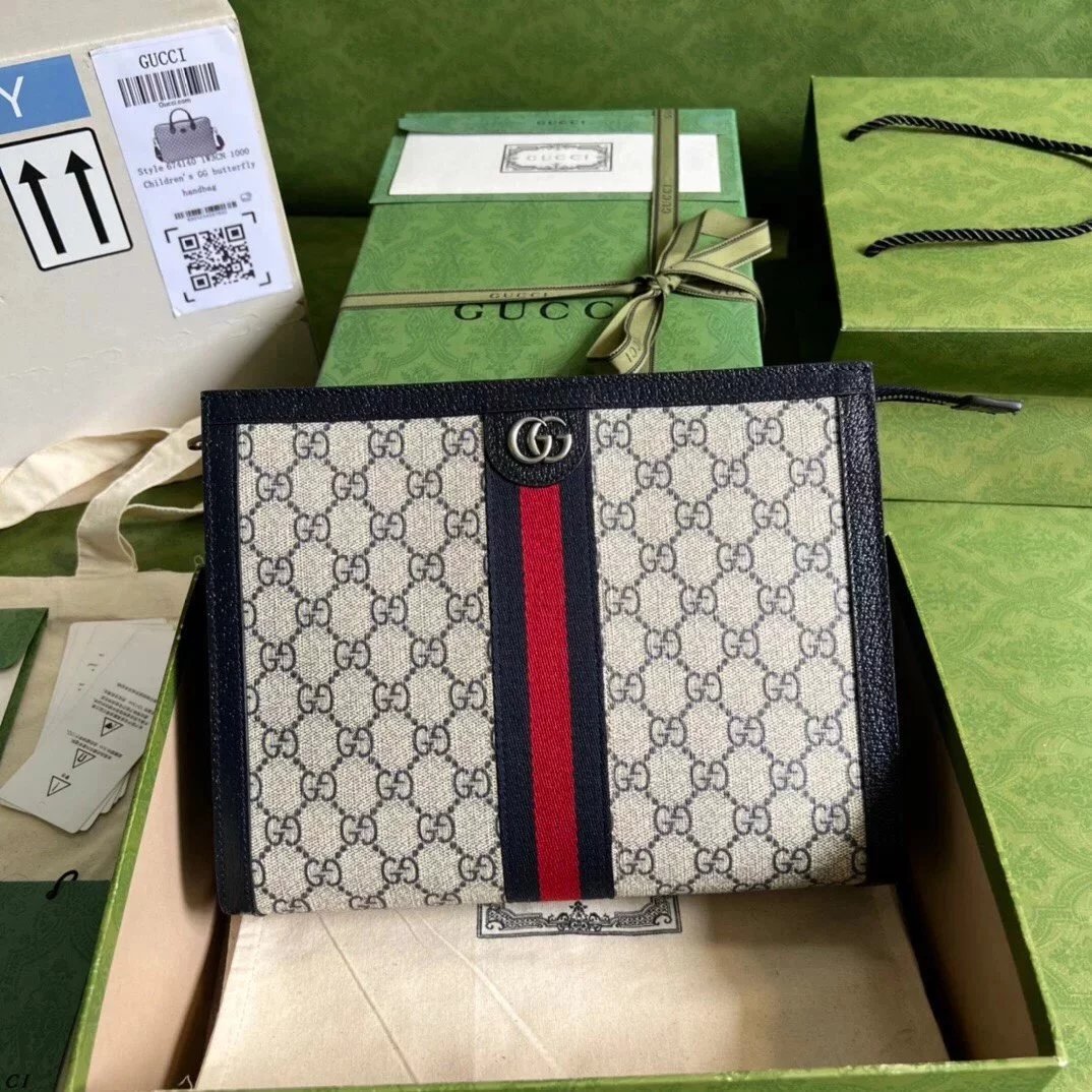 Gucci Wallet Top version 【Original Leather Quality】2022New Navy Blue Series New Ophidia Handbag Blue26cm625549Clutch Clutch Men's Bag Clutch Bag