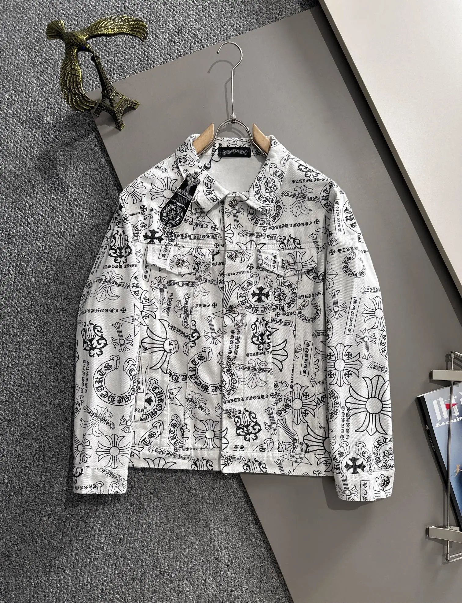 Chrome Hearts Jeans Cross Full Print logo Denim Jacket Fashion Simple Heavy Casual Short Denim Unisex Washed Vintage Turn-down Collar Jacket