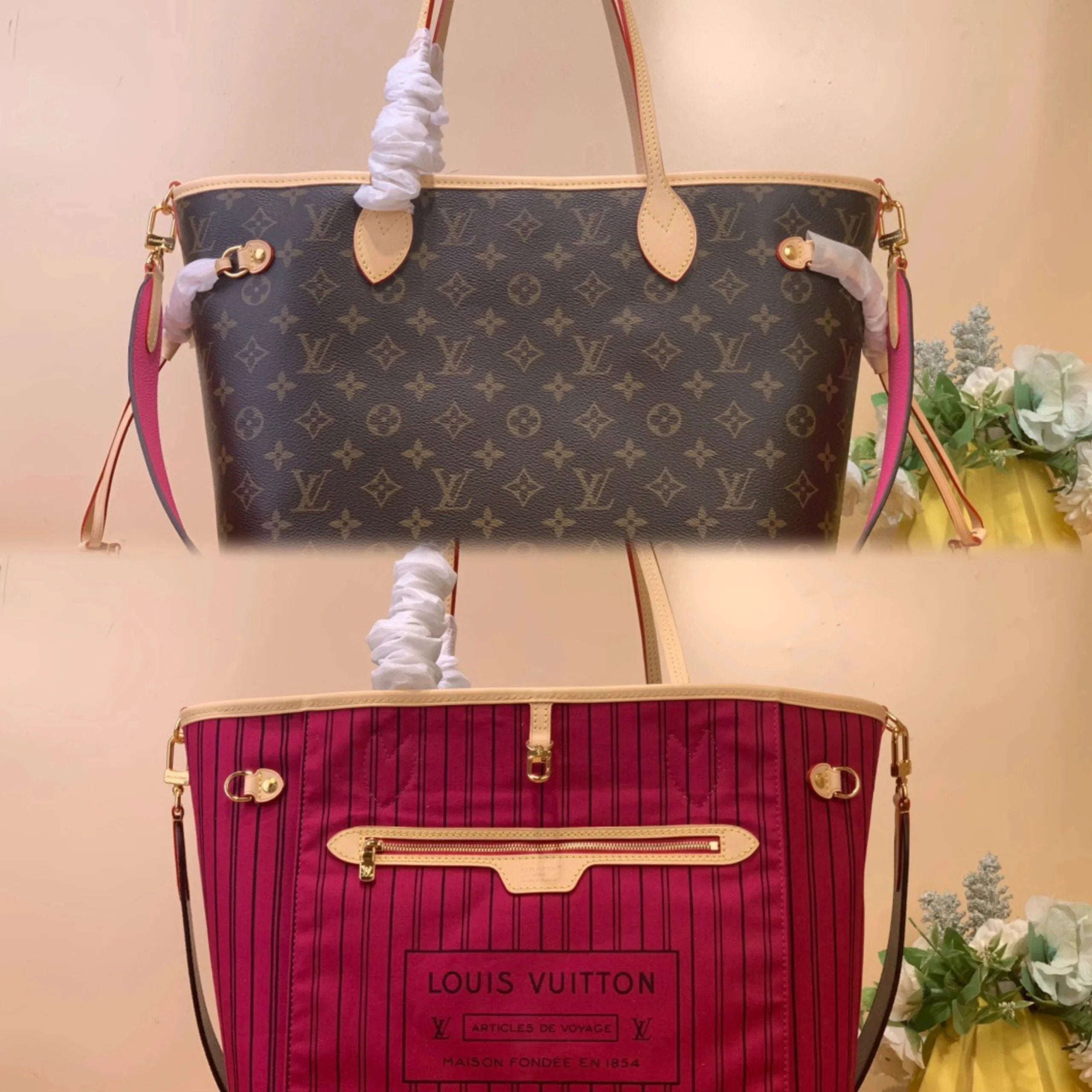 Louis Vuitton LV Women's Bag Top version 【NEVERFULLBANDOULIEREINSIDEOUT Medium Handbag】M12257Presbyopic/Rose Red M11947Presbyopic/Yellow M12096Presbyopic/Red（Double-Sided）Handbag Shoulder Bag Mummy Bag Shopping Bag Women's Bag