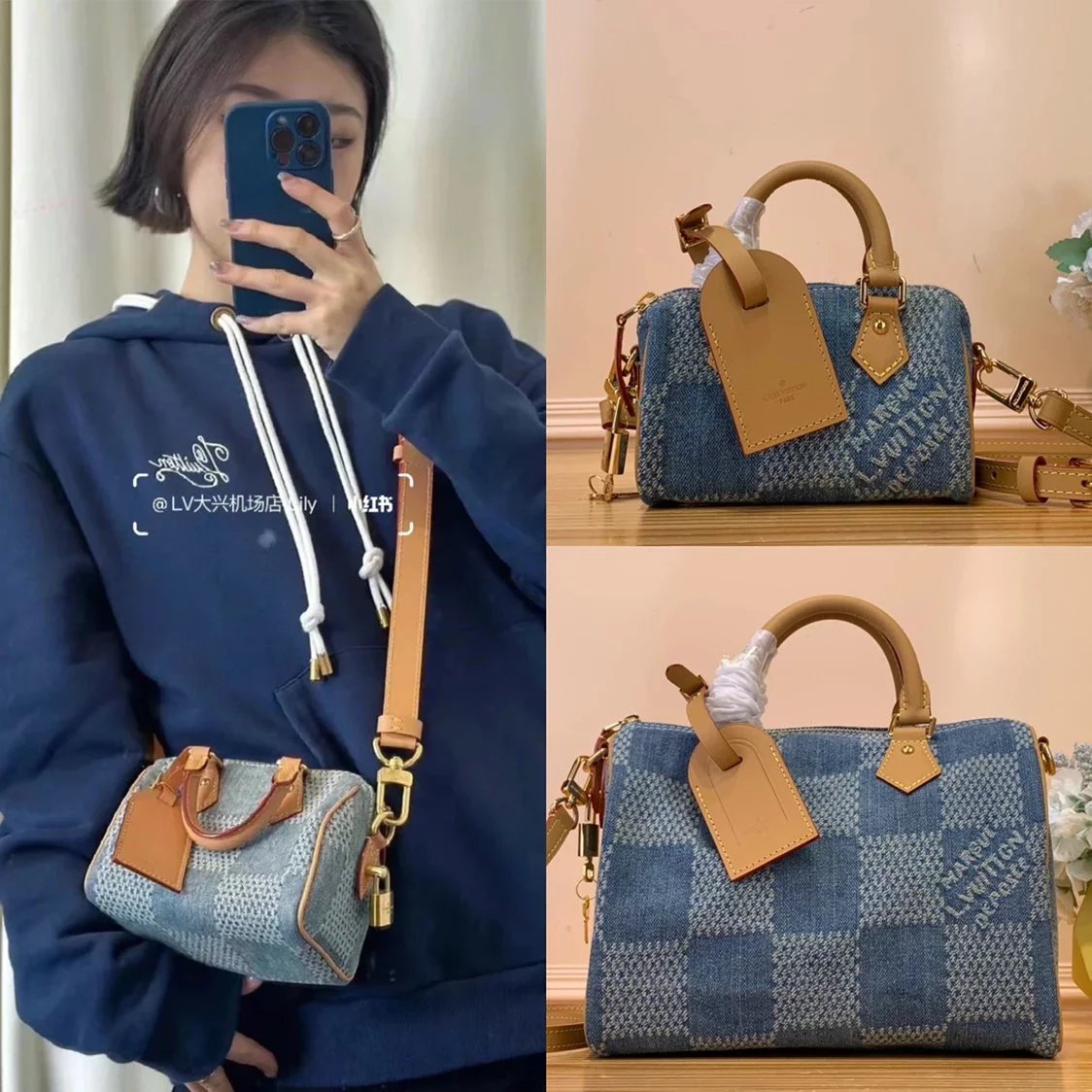 Louis Vuitton LV Women's Bag Top version 【Super Original Leather】Speedy25Handbag N40700Blue(Plaid Denim)FWPjh New Denim Handbag Pillow Bag【FWNanospeedy18cm Handbag】N40682Blue(Plaid Denim)