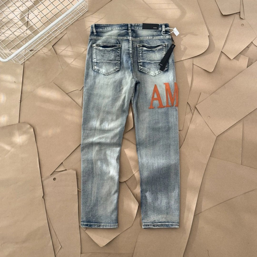 Amiri Jeans Front and back orange letter leather tags logo25ss Spring Summer New Straight Loose Slim Fit Jeans Unisex Long Pants