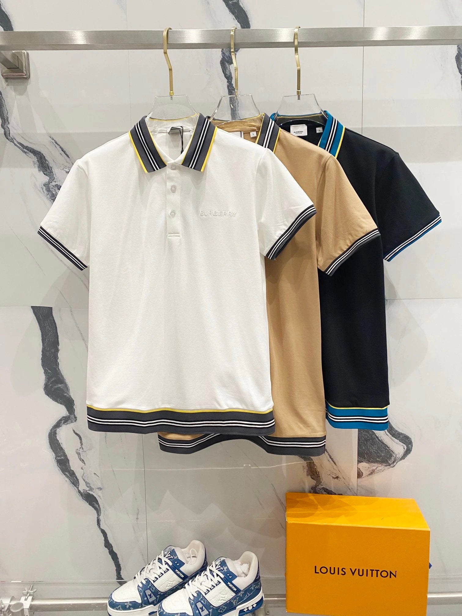 Burberry T-shirt Embroidered Small Letters LOGO Striped Stitching POLO Short Sleeve Shirt with Turn-down Collar for Men and Women, Summer Half Sleeve OS Loose T Business Casual Half Sleeve Shirt Plus Size T-Shirt