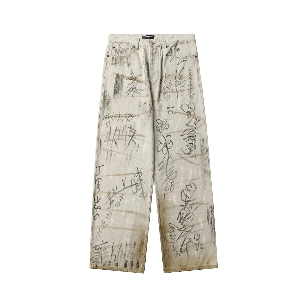 Balenciaga Jeans Hand-painted Graffiti Paint Dirty Washed Jeans Casual Pants Straight Pants Wide-leg Pants High-waisted Pants Loose Long Pants Unisex24ss Autumn and Winter New Products