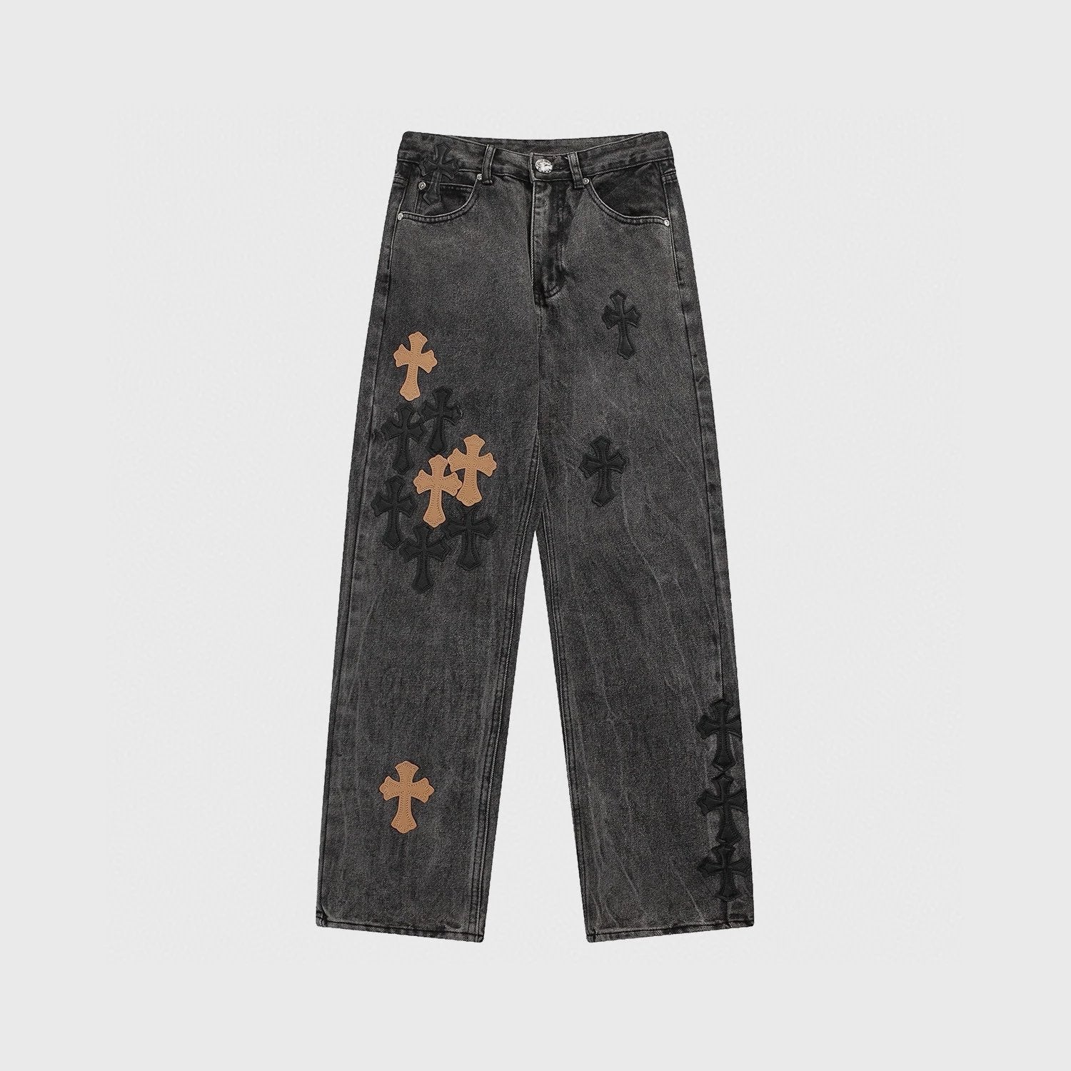 Chrome Hearts Jeans Top Version Jeans Cross Leather Tag Version Worn Jeans Casual Men and Women Slightly Loose All-Matching Contraction Trouser