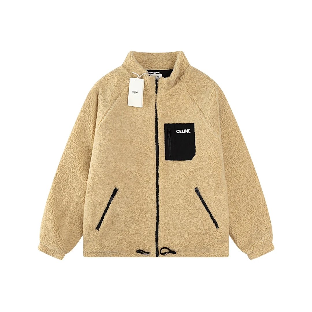 Celine Jackets Polar Fleece Cotton Jacket with Front Zipper, Pocket, Letter Embroidery, Inner Lining, Winter Thickened, Warm, Unisex