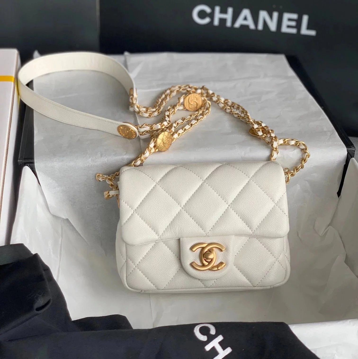 Chanel Women's Bag Top version 【Original Leather】22A New Gold Coin Square Fat Big miniCF Gold Coin Bag Caviar Cowhide Chain Flap Bag Crossbody Bag Shoulder Bag17cm22cm Chain Bag