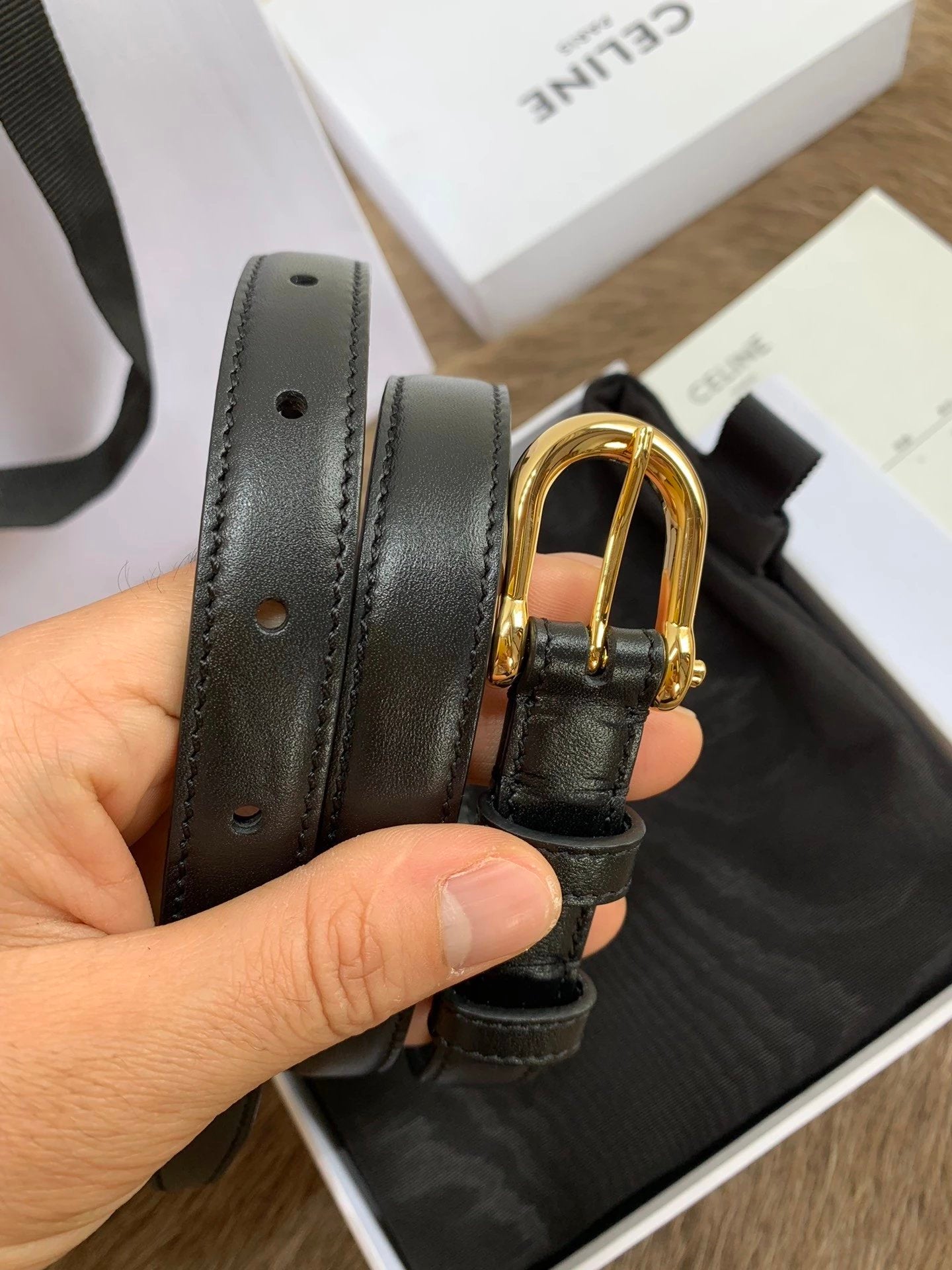 Celine Belt Top version Goods Belt Belt Female Arc De Triomphe Belt Arc De Triomphe Belt Black Retro Hair Style Belt Bright Gold Head Belt Belt Double-Sided Belt Women's Belt Women's Belt Belt Women's Belt1.8Belt Women's Belt