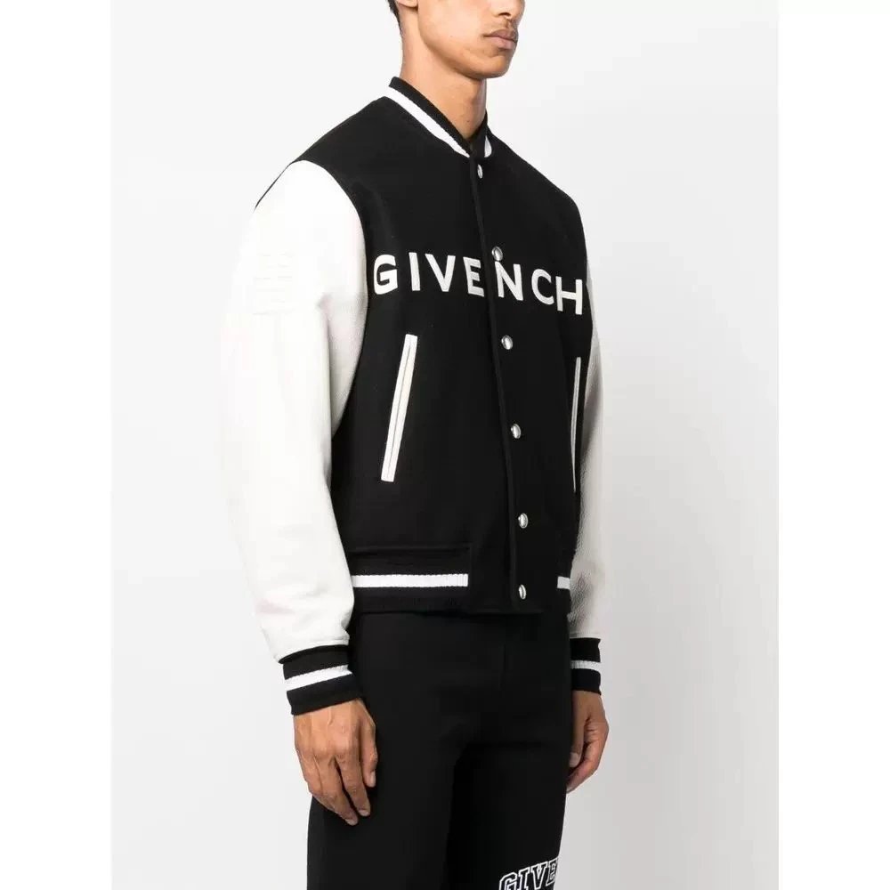 Givenchy Jackets Top Version Wool Blended Cowhide Grain Sleeve Letters Logo Baseball Jacket Black and White Men's Jacket