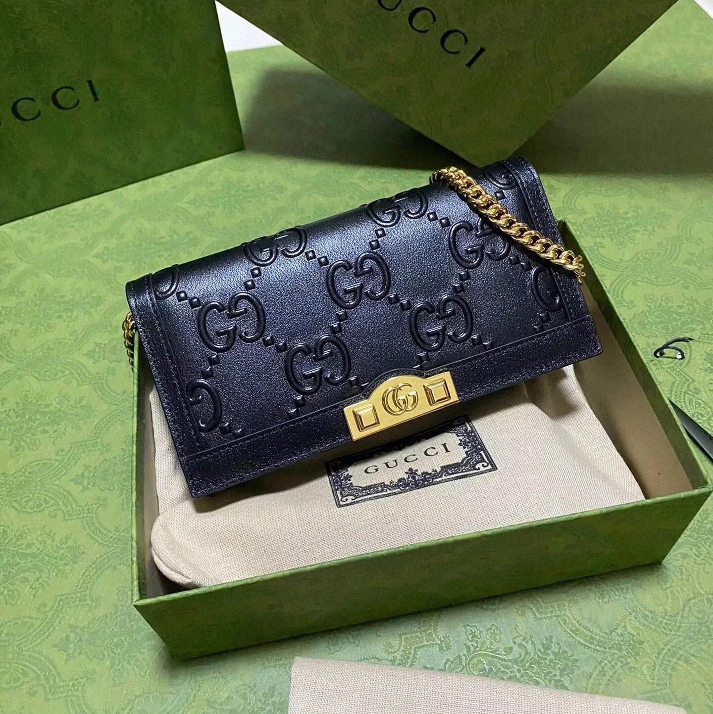 Gucci Wallet Top version 【Genuine Goods Leather Products】2022New WOC Envelope Package Chain Bag Long Wallet Brand New Cowhide Embossed Double Glogo Long Wallet Unisex Wallet