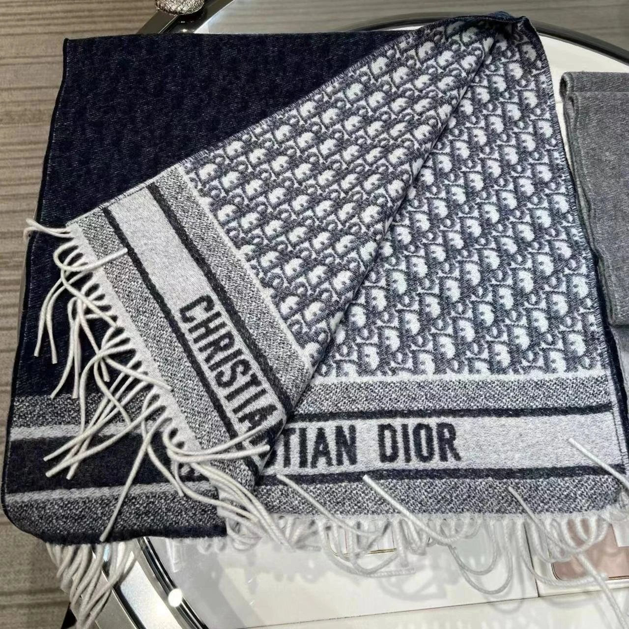 Dior Scarf 24SS New Full Print logo Tassel Wool Cashmere Presbyopic Double-Sided Scarf for Women