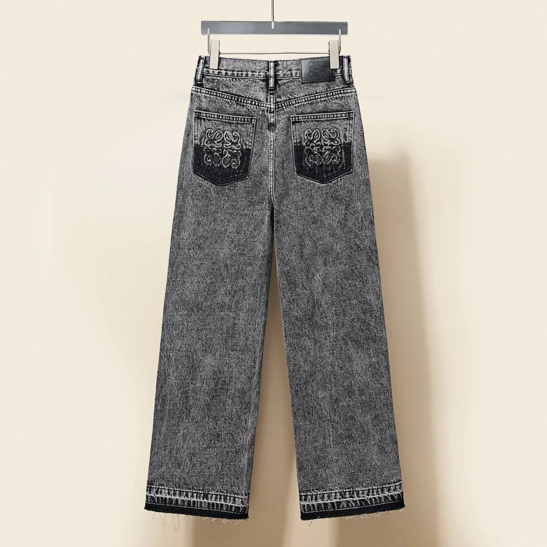 LOEWE Jeans Mid-High Waist Snowflake Gray Straight Leg Jeans for Women Versatile Casual