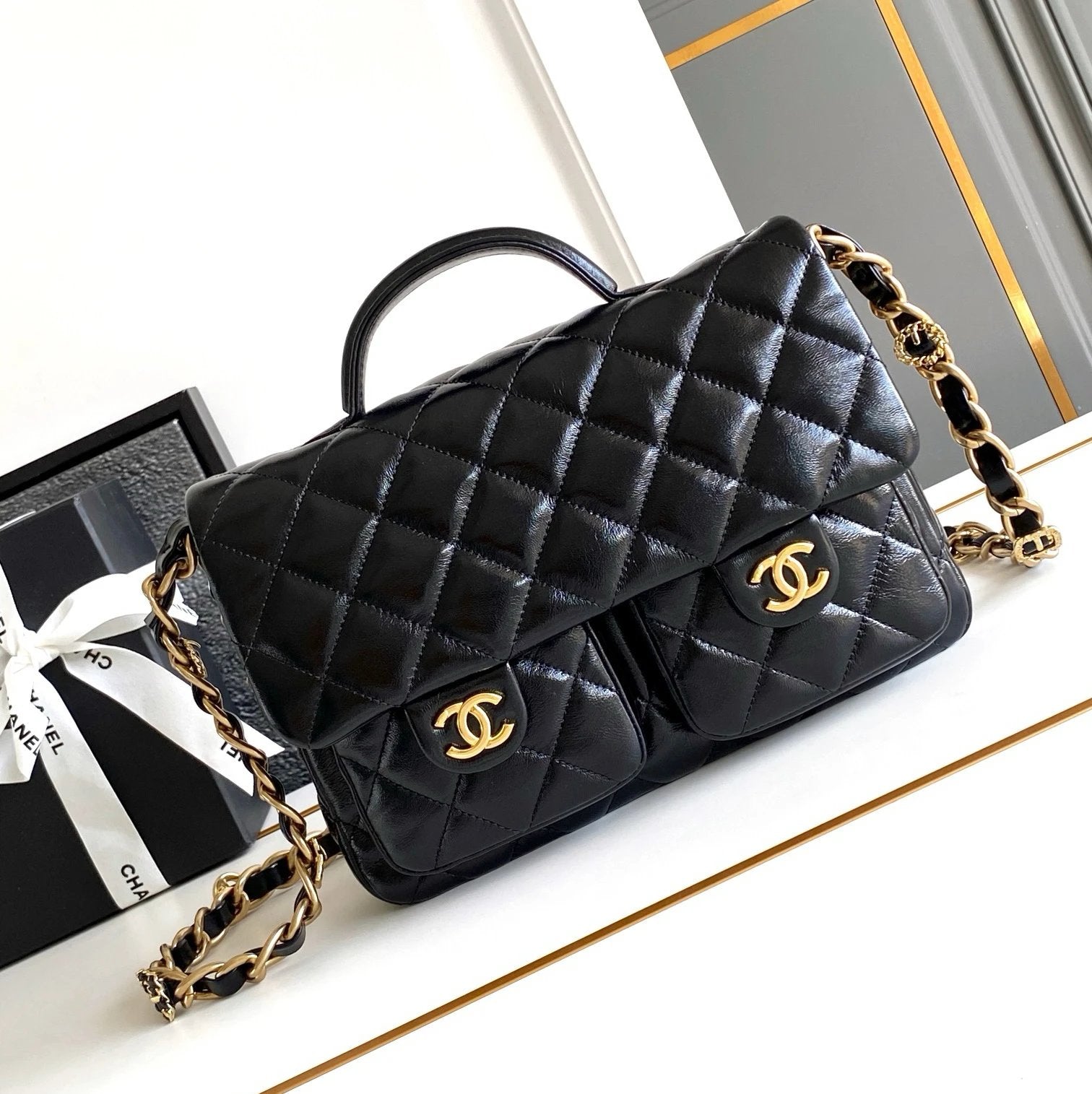 Chanel Women's Bag Top version 【Super Original Leather】24A Handmade Workshop Double Pocket Messenger Bag Women's Handle Messenger Briefcase Large Oil Wax Leather Large Messenger Bag Women's Bag24A Handle Cover Messenger Bag Messenger Bag Shoulder Bag Hand