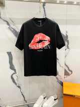 Balmain T-shirt Brand Logo LOGO Bright Red Lip Print Round Neck Short Sleeve25ss New Pure Cotton Unisex Style T T-shirt OS Loose Fit Base Shirt G Home Top Half Sleeve T-Shirt
