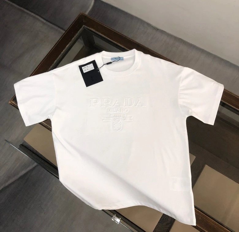 PRADA T-shirt Fully covered3D Hidden Pattern Embossed 3D Relief logo round Neck Short Sleeve25ss New pure cotton T Unisex T-Shirt OS Loose Fit Base Shirt Top Half Sleeve T-Shirt