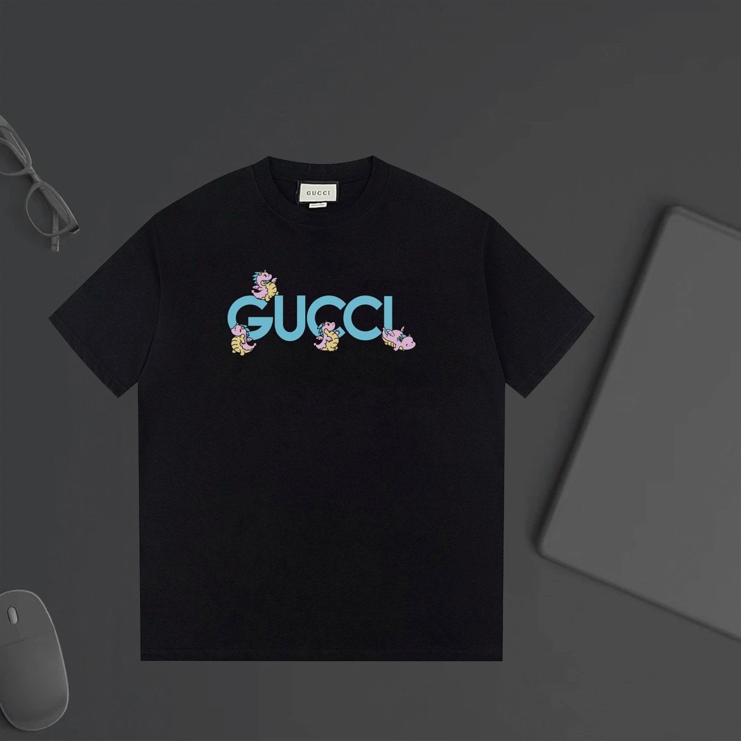 Gucci T-shirt Cartoon Dragon Print with Letters on the Chest logo round Neck Short Sleeve25ss New Pure Cotton Unisex Style T Casual T-Shirt Base Layer Shirt OS Loose Fit Half Sleeve Top Plus Size