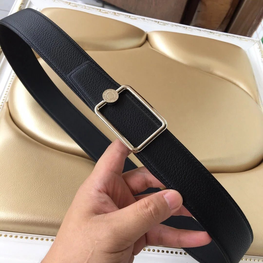 Hermes Belt Top version Men's Real Calf Leather Belt Business Casual All-Match Litchi Grain Double-Sided Available Belt