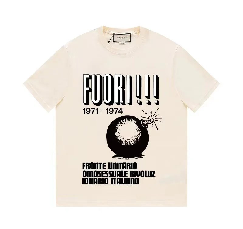 Gucci T-shirt Black and White Print on Chest logo round Neck Short Sleeve25ss New Pure Cotton Unisex Style T T-shirt OS Loose Fit Base Shirt Top Half Sleeve T-Shirt