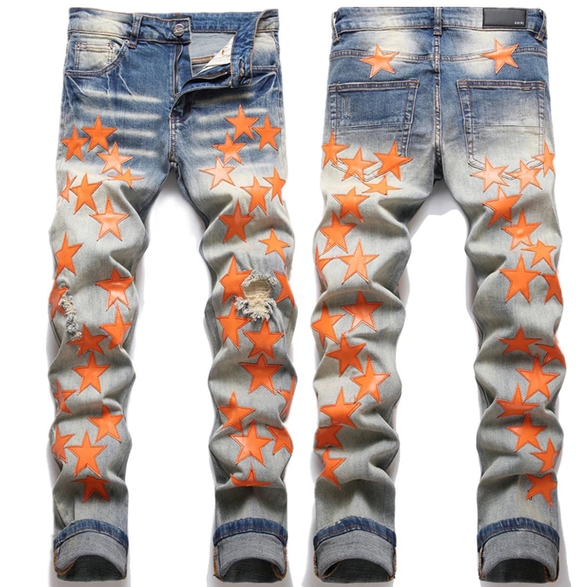 Amiri Jeans New Foreign Trade Style Fashion Blue with Holes Paste Cloth Embroidery Elastic Mid-Waist Feet Men's Jeans