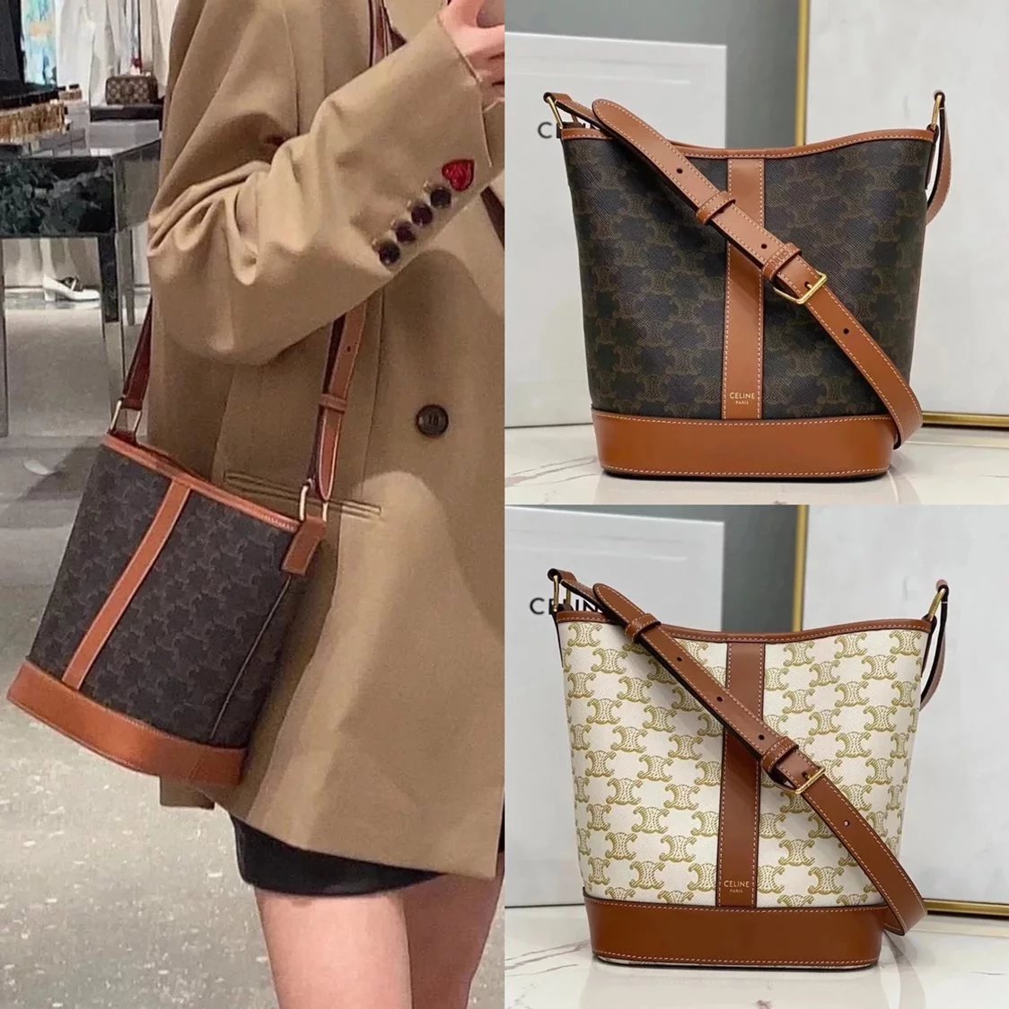 Celine women's bag Top version Home TriompheCanvas Arc De Triomphe Series Bucket Bag Vintage Presbyopic Bucket Bag canvas Bucket Bag Shoulder Crossbody Women's Bag Adjustable Shoulder Strap191442192132New Size Mini Version Retro Patterns100433