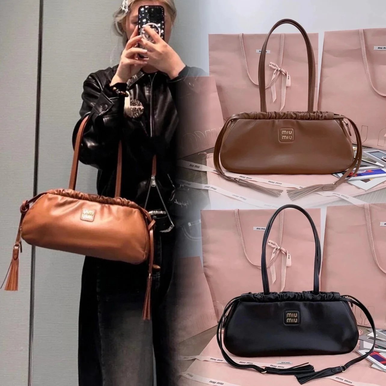 Miu Miu Bag Top version 【Premium Version Original Leather】5BG28724New Tassel Underarm Bag Original Soft Glutinous Calfskin Handbag Women's Bag Tassel Drawstring Bag Mouth Baguette Bag New Tassel Bag French Stick Underarm Bag