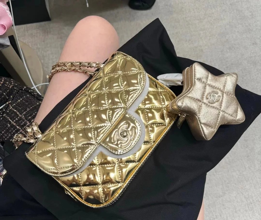 Chanel Women's Bag Top version 【Premium Original Leather】24C New CF Five-Pointed Star Double Chain Bag Five-Pointed Star Twin Bag CF Flap Bag Gold Silver**Original Leather Premium Women's Bag24C Five-Pointed Star Series XINGX Pendant CF Bag as4646