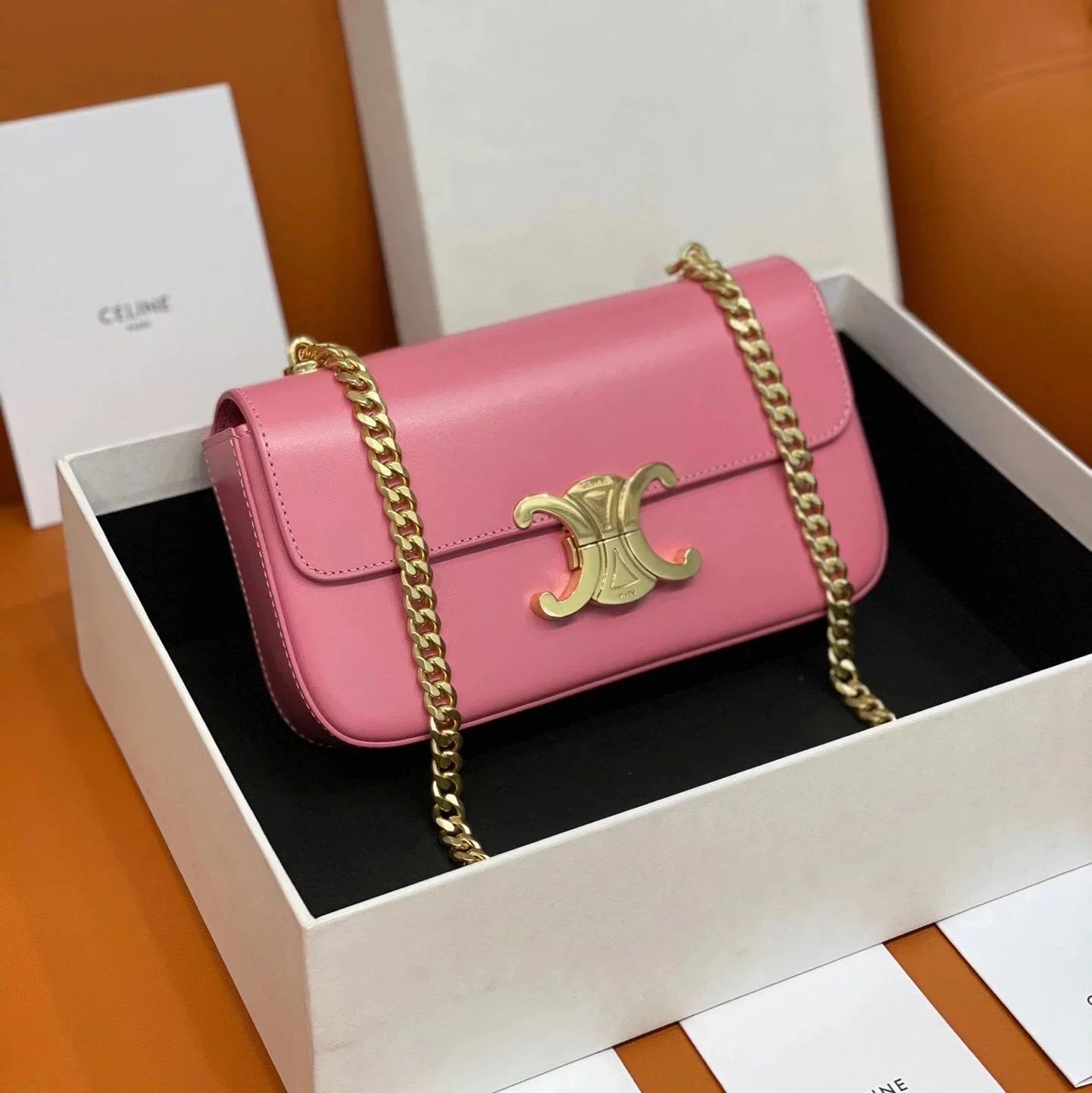 Celine women's bag Top version 【Original Leather】2022Spring and Summer New Triomphe Short Chain Small Size Arc De Triomphe Underarm Bag Cowhide Genuine Leather Bag Handbag Square Bag Women's Bag Underarm Bag Clutch Mini Chain Bag197993