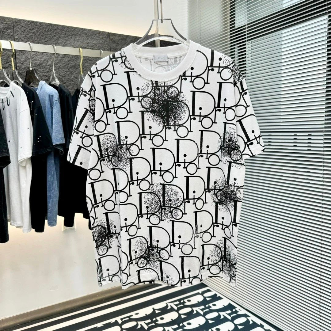 Dior T-shirt Allover Screen Printing logo round Neck Short Sleeve25ss New Pure Cotton Unisex Style T Casual T-Shirt Base Layer Shirt OS Loose Fit Half Sleeve Top Plus Size