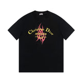 Dior T-shirt Flame Print on the Chest logo round Neck Short Sleeve25ss New Pure Cotton Unisex Style T T-shirt OS Loose Fit Base Shirt Top Half Sleeve T-Shirt