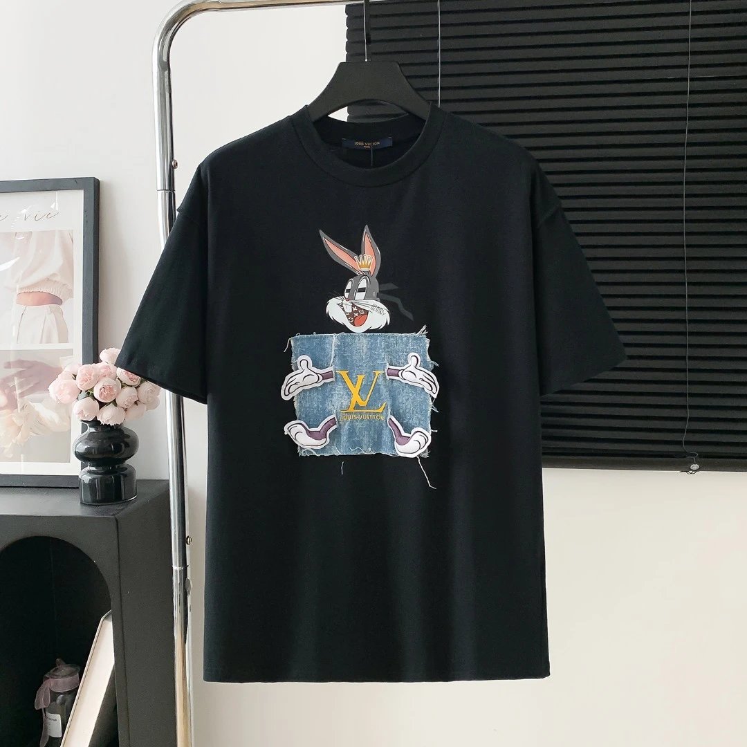 Louis Vuitton LV T-shirt Front Chest Denim Patch logo round Neck Short Sleeve25ss New pure cotton T Unisex T-Shirt OS Loose Fit Base Shirt Top Half Sleeve T-Shirt