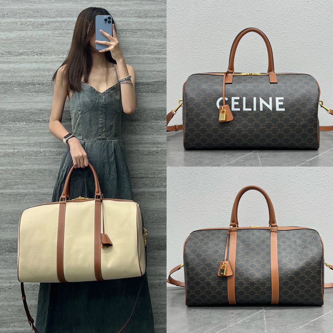 Celine women's bag Top version 【Original Leather】New Voyage Printed Travel Bag50cm Travel Bag Gym Bag Men's and Women's Bags Large Luggage Bag Crossbody Handbag Series Adopts Classic Triomphe Presbyopic Canvas Pillow Bag Boston Bag190672190372