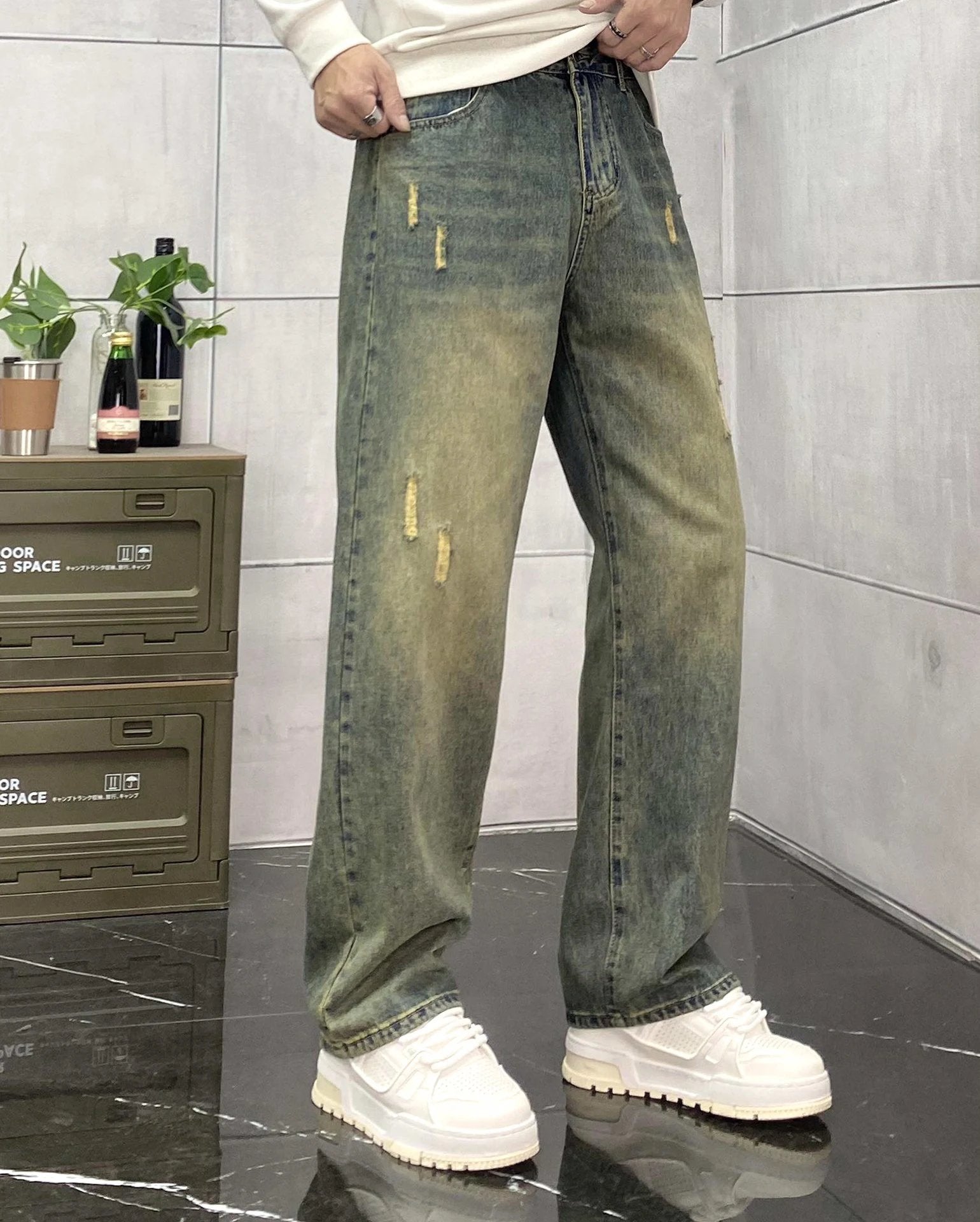 Gucci Jeans Ripped Waistband Patch logo Straight Washed Blue Jeans Autumn Winter New Unisex Loose Casual Wide Leg High Waist Pants