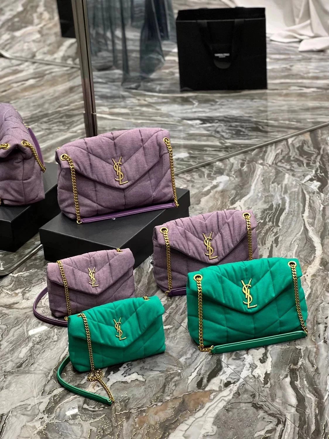 YSL Women's Bag Top version 【Original Leather】2022New Louloupuffer Launch New Color Linen Series Purple Green niki Raglan Sleeve Anticlinal Lower Bag Crossbody Bag