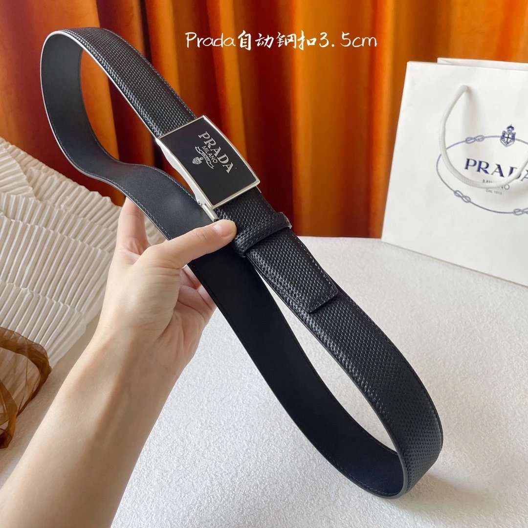 PRADA Belt Top version New Original Order Genuine Belt Men's Pin Buckle Belt Business Casual Cross Pattern Black Coffee Double-Sided Pure Original Leather Imported from Italy Cowhide Leather