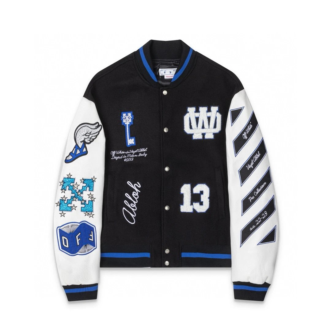 OFF-White Jackets Top Version Spring and Autumn Fashion Brand Fashion Letter Embroidery Baseball Uniform Men's and Women's Same Cartoon Rhinestone Long-Sleeved Casual Jacket