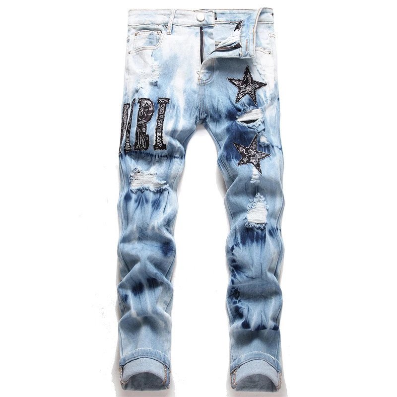 Amiri Jeans New Foreign Trade Style Fashion Blue with Holes Paste Cloth Embroidery Elastic Mid-Waist Feet Men's Jeans