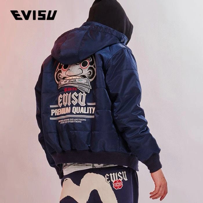 Evisu Jackets Top Version Blue Embroidered Damo Winter down Cotton-Padded Jacket Loose Casual Couple Hooded Coat Printing