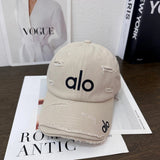 Alo Yoga Hat Classic Distressed Letters logo Baseball Cap Sunshade Sun Protection Duckbill Cap Large Head Circumference Slimming Face Curved Brim Versatile Sports Hat for Men and Women Couples Same Style