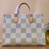 Louis Vuitton LV Women's Bag Top version 【Original Leather Pattern】2024Spring and Summer New ONTHEGOmm Handbag Medium Light Color Chessboard Plaid Tote Bag Shopping Bag Handbag Plaid Tote Women's Shoulder Bag N40518