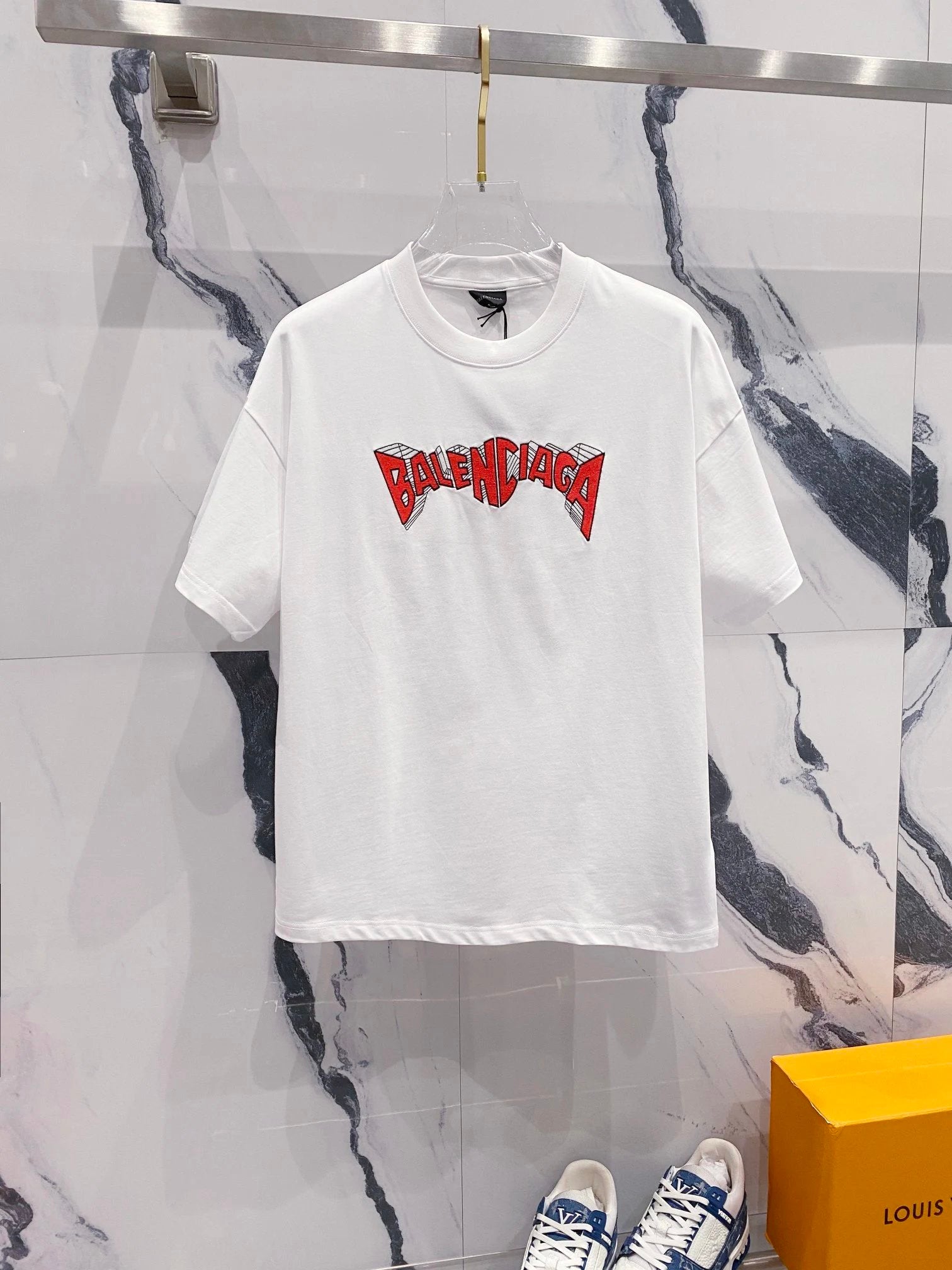 Balenciaga T-shirt Branded Red Letters LOGO Embroidered Crew Neck Short Sleeve Pure Cotton Unisex T T-shirt OS Loose Fit T-Shirt Casual Simple Base Shirt
