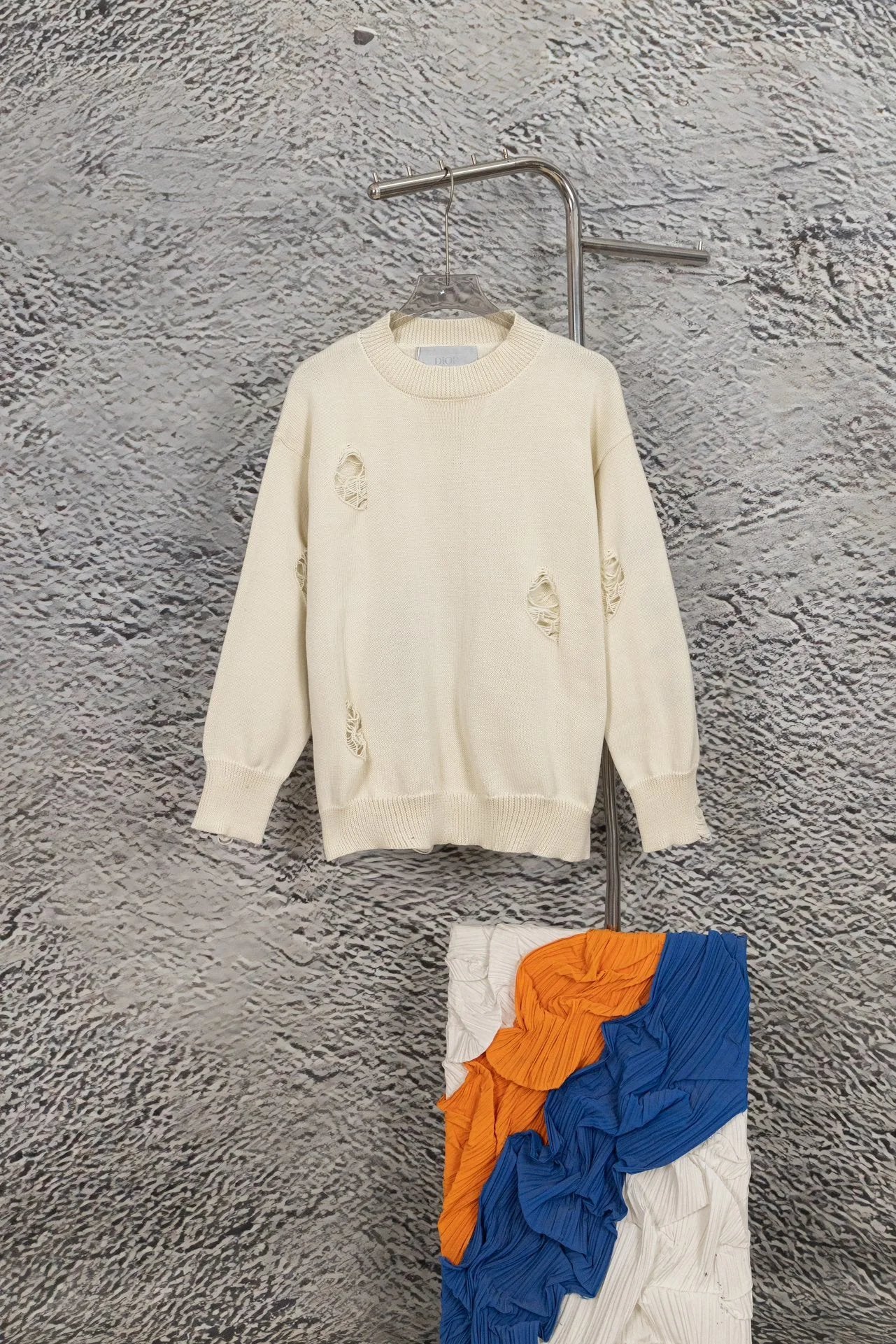 Dior Sweater Ripped Pullover Crew Neck Sweater Fashion Trend Heavy Craft logo Embroidered Color-Block Long Sleeve Thickened Lazy Style Unisex Loose Knit Top Jacket Versatile Casual Wear
