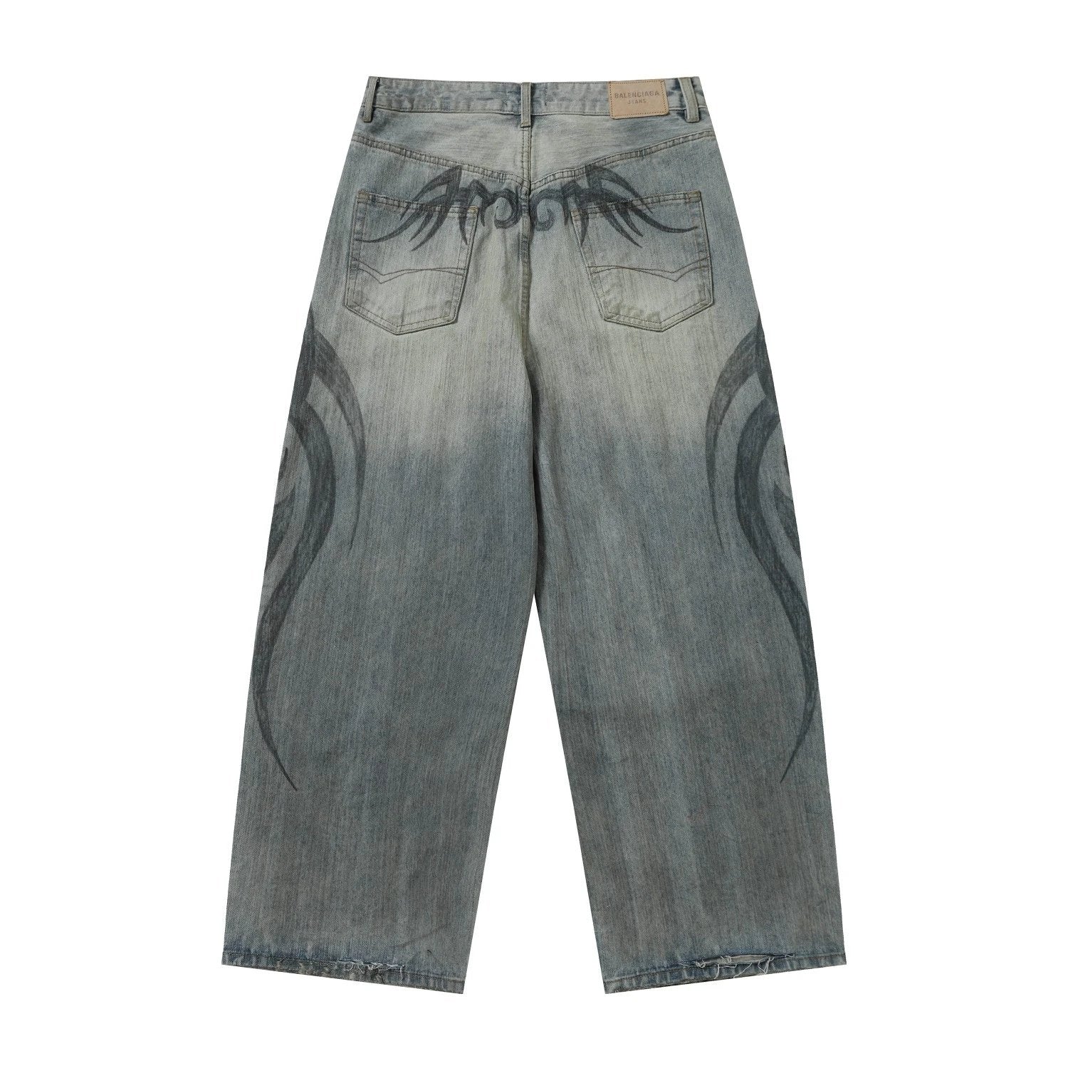 Balenciaga Jeans Piercing the Millennium Totem Dragon Pattern25ss Spring Summer New Straight Washed Blue Jeans Autumn Winter New Casual Wide Leg High Waist Unisex Loose Fit Long Pants