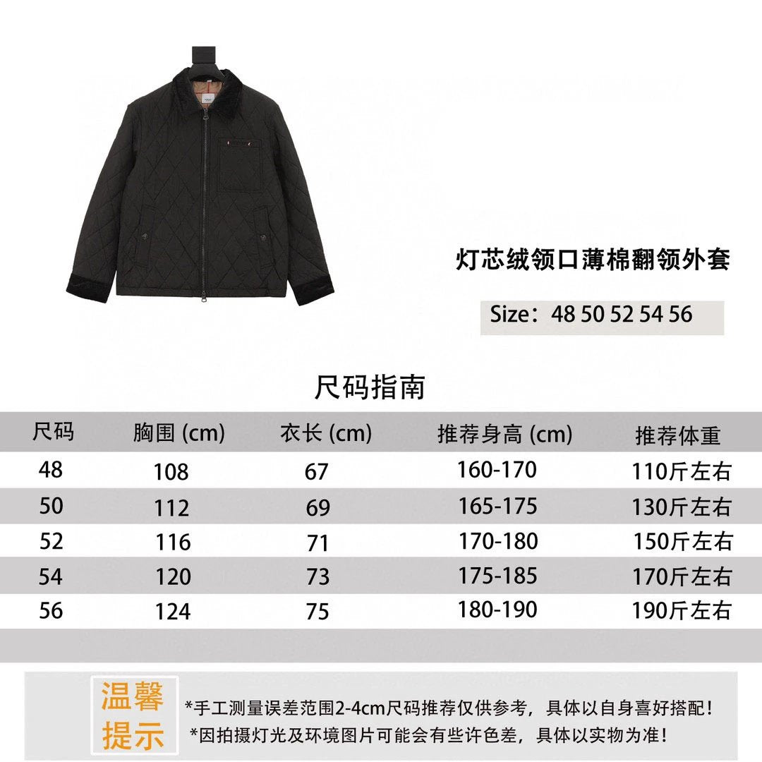 Burberry Jackets Corduroy Neckline Thin Cotton Turn-down Collar Coat Same Style for Men and Women