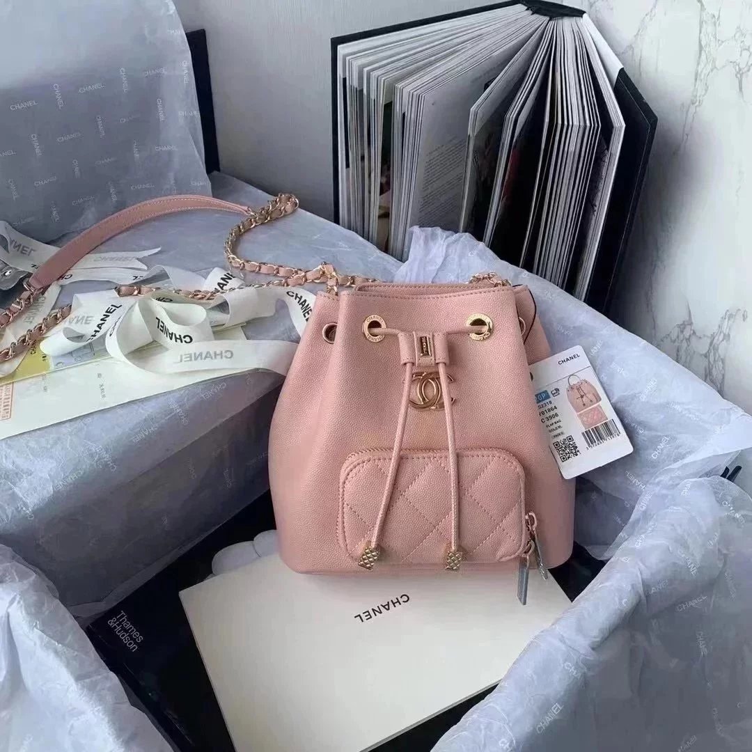 Chanel Backpack Bag Top version 2022New22P Latest Concept Women's Drawstring Small Bucket Bag Cowhide Lychee Pattern Ball Pattern Caviar Drawstring Bucket Bag Women's Bag Shoulder Crossbody Backpack as2318